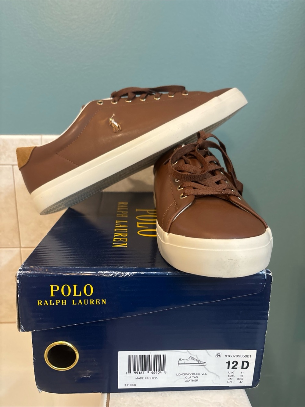 Polo by Ralph Lauren Brown Leather Low-Top Sneakers with White Sole size 12